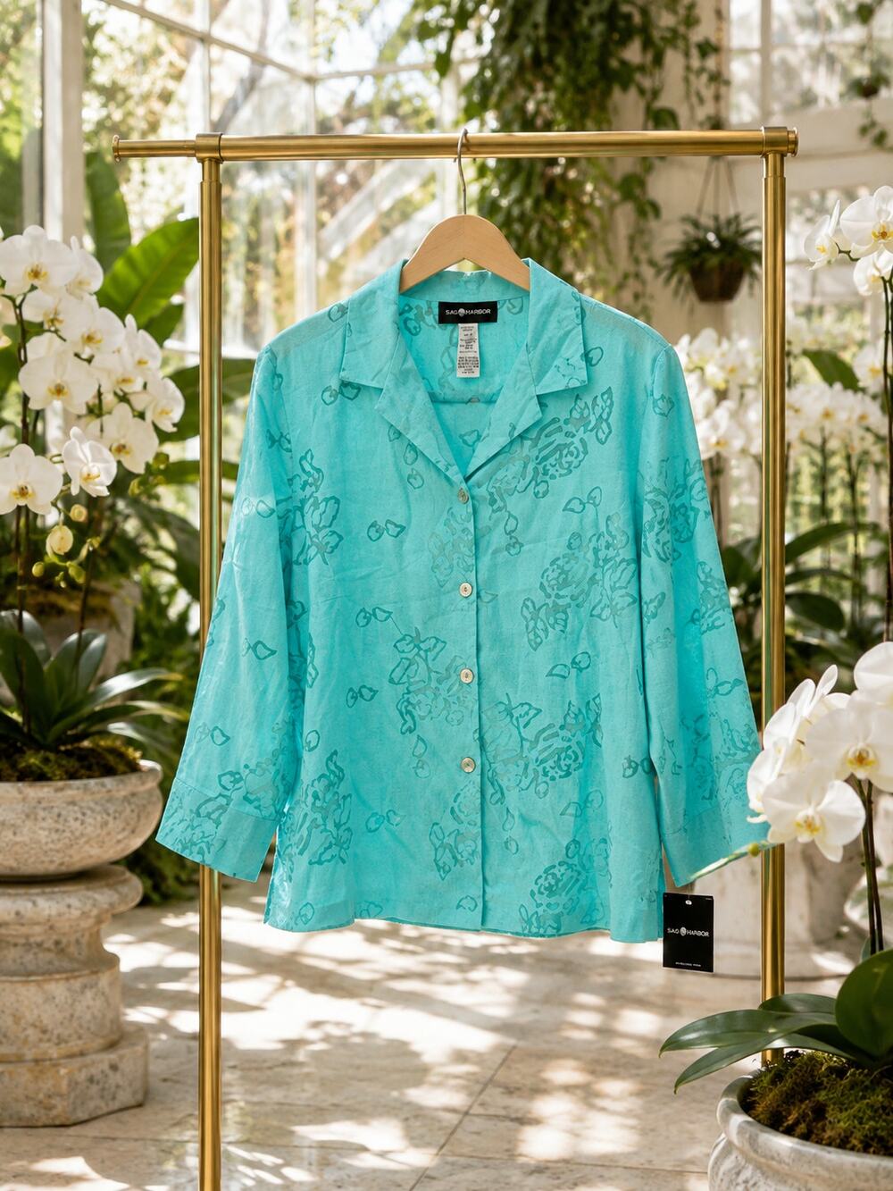 Sag Harbor Aqua Floral Button Front Blouse Women's 12 NWT 3/4 Sleeve